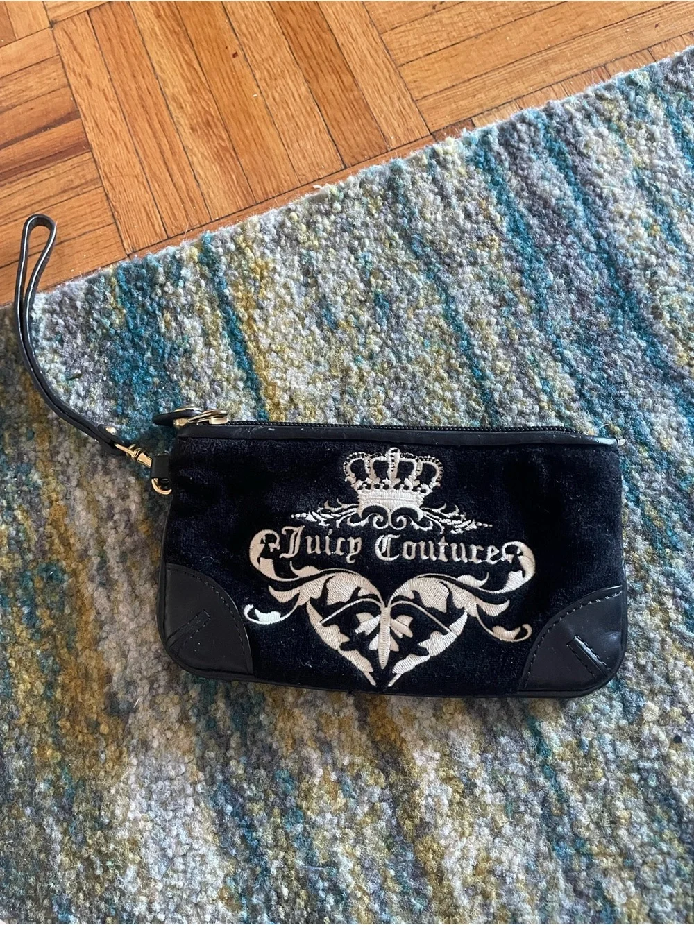 Juicy Couture Black Velvet Embroidered Wristlet with Cream Logo